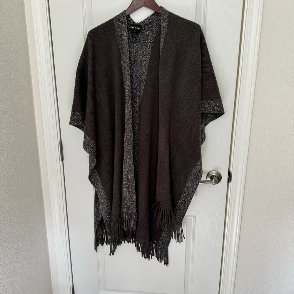 Step In Style Shawl Wrap Silver Threading Fringe Gray-Taupe Women’s LG/XL Lagen